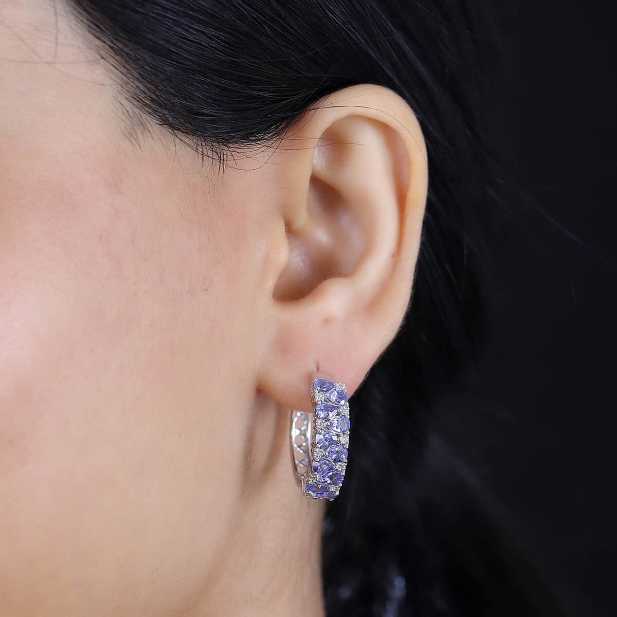 Tanzanite and White Zircon 3.25 ctw Hoop Earrings in Rhodium Over Sterling Silver image number 2