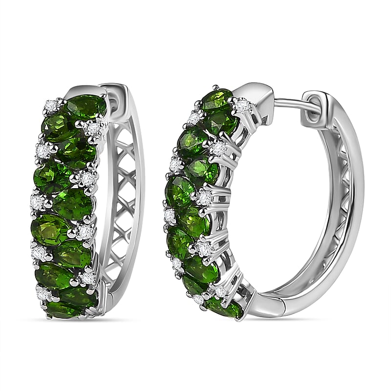 Chrome Diopside and White Zircon 3.60 ctw Hoop Earrings in Rhodium Over Sterling Silver