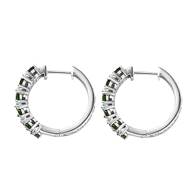 Chrome Diopside and White Zircon 3.60 ctw Hoop Earrings in Rhodium Over Sterling Silver