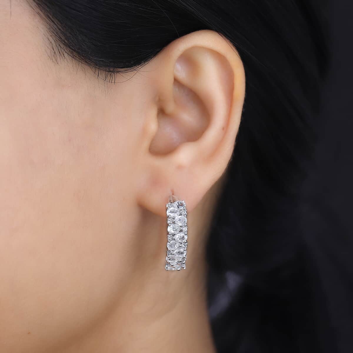 White Topaz 4.00 ctw Hoop Earrings in Rhodium Over Sterling Silver image number 2