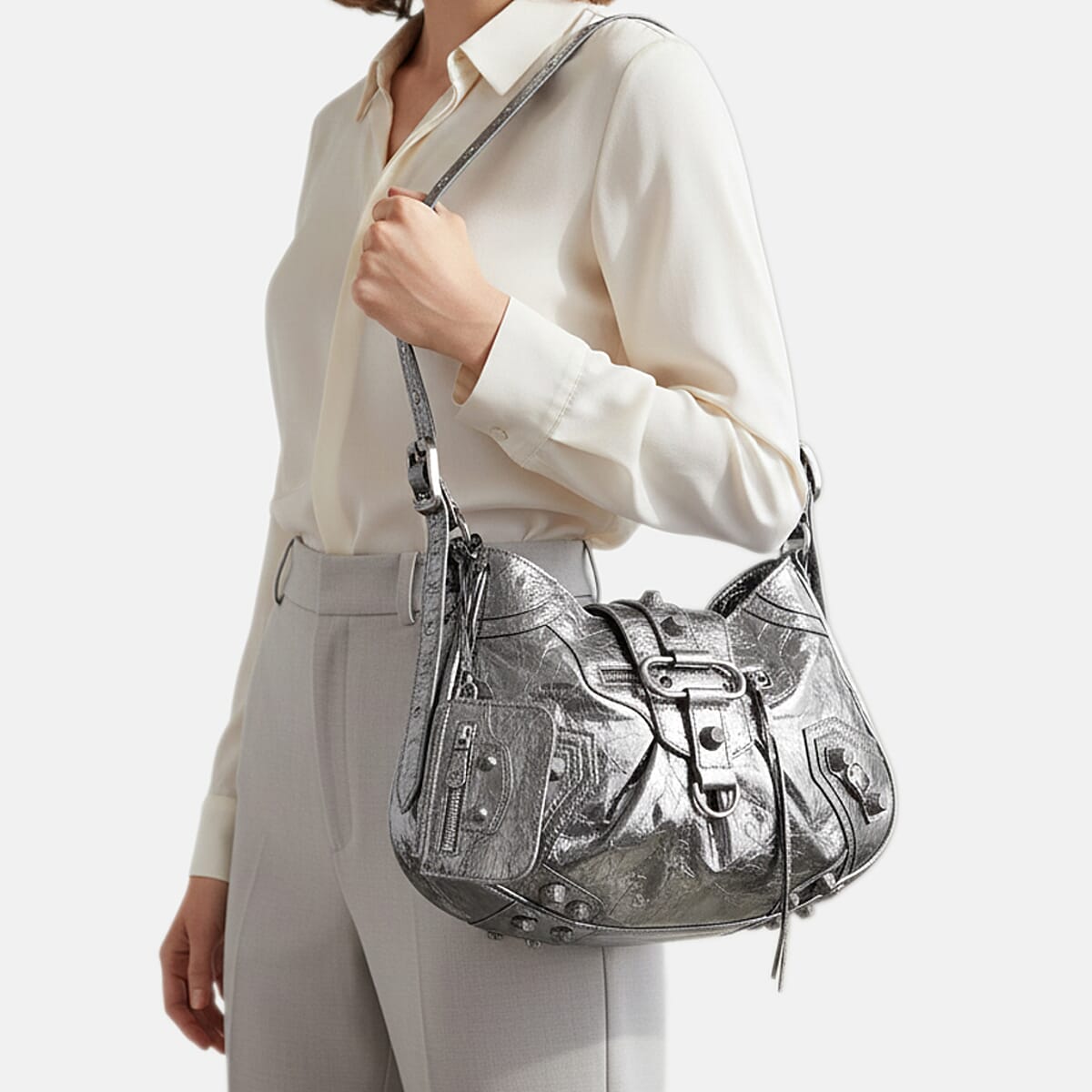 Grand Pelle Dark Silver Genuine Leather Crossbody Bag with Shoulder Strap image number 3