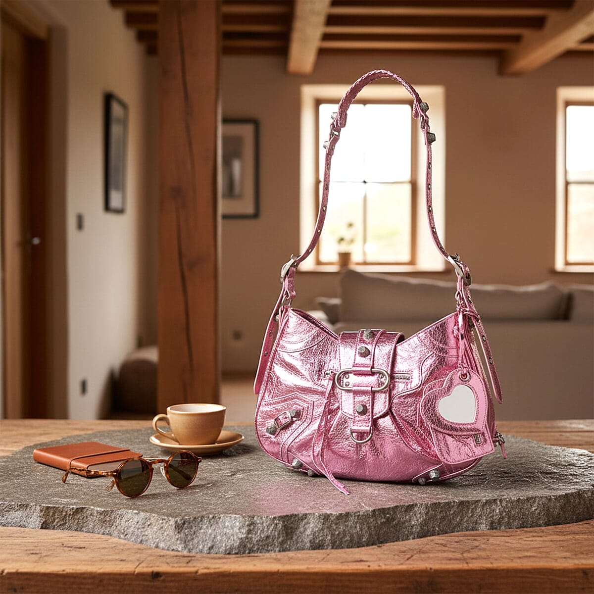 Grand Pelle Metallic Pink Genuine Leather Crossbody Bag with Shoulder Strap image number 1