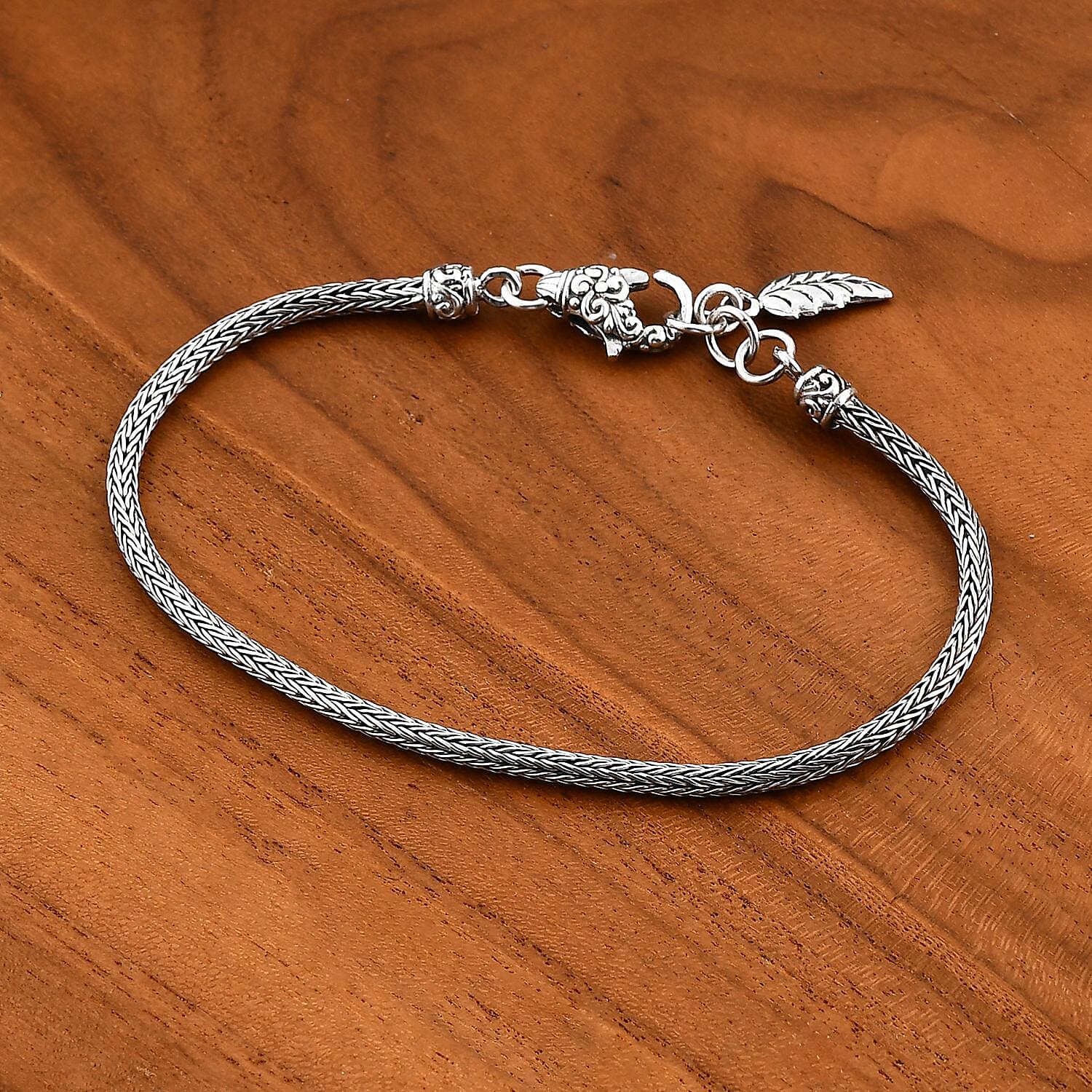 Bali Legacy Tulang Naga Chain Bracelet with Leaf Charm in Sterling Silver 8.35 Grams (7.25 In)