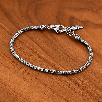 Bali Legacy Tulang Naga Chain Bracelet with Leaf Charm in Sterling Silver 8.35 Grams (7.25 In)