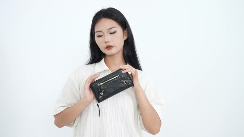 Italy Retro Noble Collection Black Genuine Leatehr Bifold Long Wallet (7.5"x3.9")