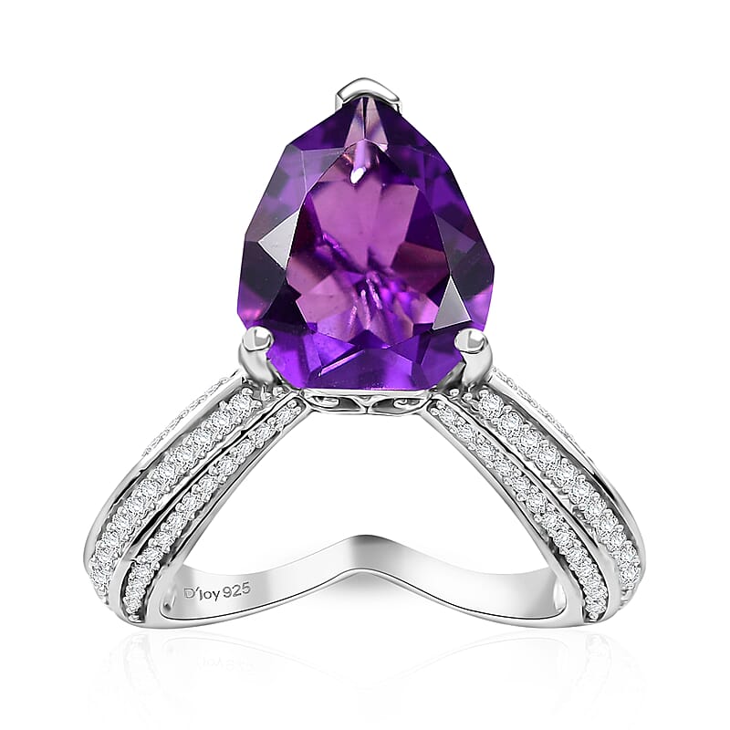 D'Joy African Amethyst and Moissanite 6.10 ctw Ring in Rhodium Over Sterling Silver (Size 10.0)