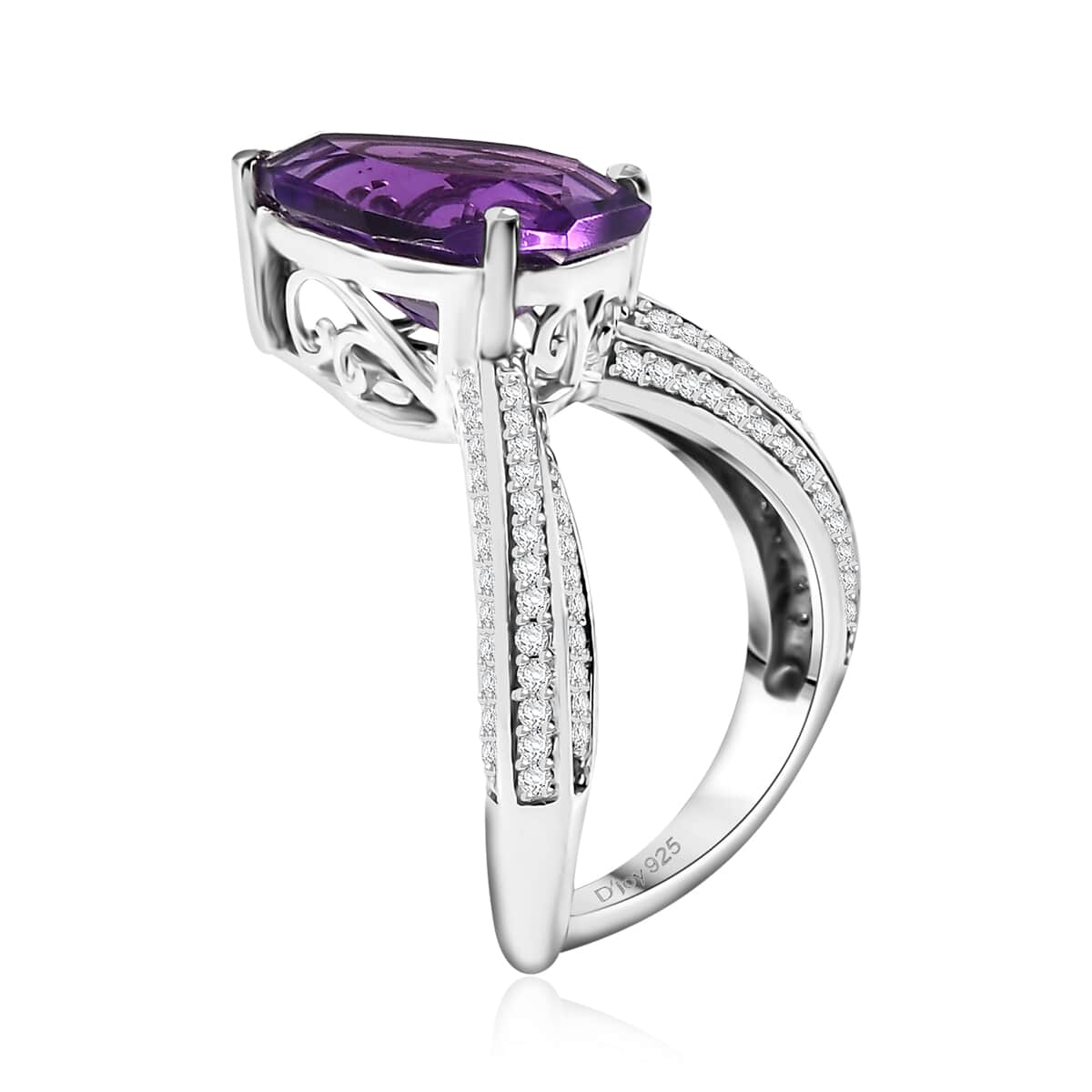 African Amethyst, Moissanite Ring in Rhodium Over Sterling Silver (Size 10.0) 6.10 ctw image number 3