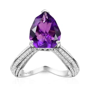 African Amethyst and Moissanite 6.10 ctw Ring in Rhodium Over Sterling Silver (Size 7.0)