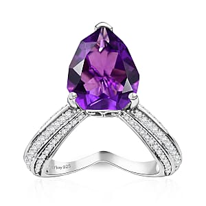 D'Joy African Amethyst and Moissanite 6.10 ctw Ring in Rhodium Over Sterling Silver (Size 8.0)