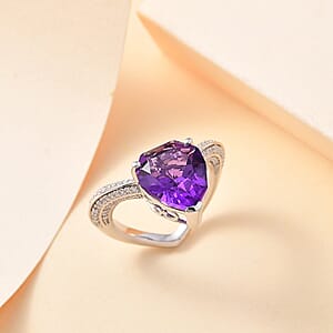 D'Joy African Amethyst and Moissanite 6.10 ctw Ring in Rhodium Over Sterling Silver (Size 8.0)