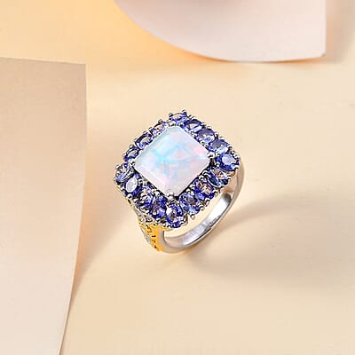 Premium Ethiopian Welo Opal and Multi Gemstone 5.50 ctw Moonlit Garden Ring in 18K Vermeil YG and Rhodium Over Sterling Silver (Size 10.0)