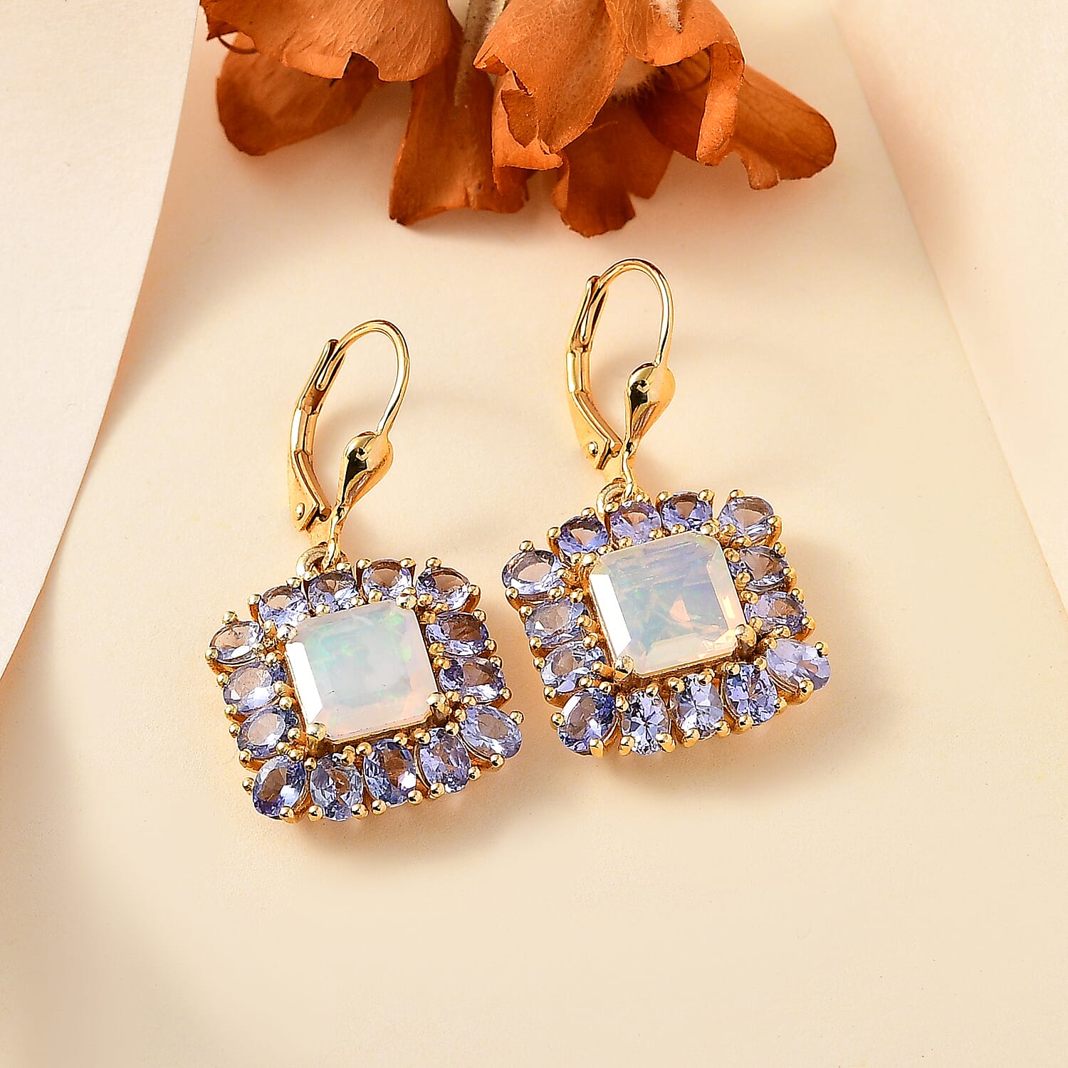 D'Joy Premium Ethiopian Welo Opal and Tanzanite 8.00 ctw Moonlit Garden Earrings in 18K Vermeil Yellow Gold Over Sterling Silver