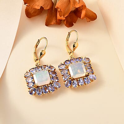 D'Joy Premium Ethiopian Welo Opal and Tanzanite 8.00 ctw Moonlit Garden Earrings in 18K Vermeil Yellow Gold Over Sterling Silver