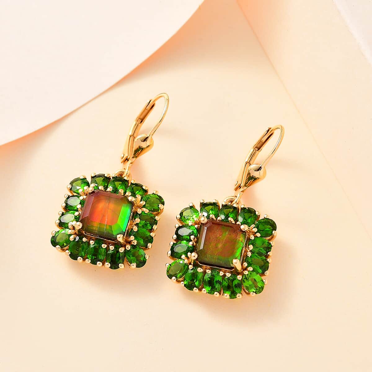 Premium Canadian Ammolite and Chrome Diopside 9.85 ctw Moonlit Garden Earrings in 18K Vermeil Yellow Gold Over Sterling Silver image number 1