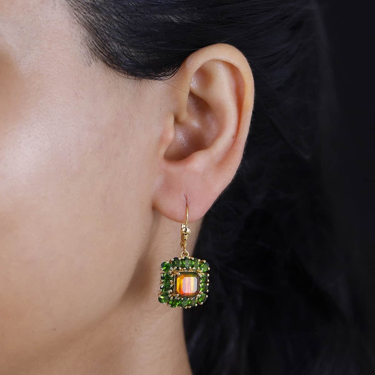 Premium Canadian Ammolite and Chrome Diopside 9.85 ctw Moonlit Garden Earrings in 18K Vermeil Yellow Gold Over Sterling Silver image number 2