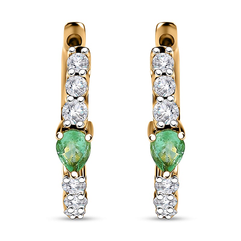 D'Joy Boyaca Colombian Emerald and White Zircon 1.10 ctw Art Deco Earrings in 18K Vermeil Yellow Gold Over Sterling Silver