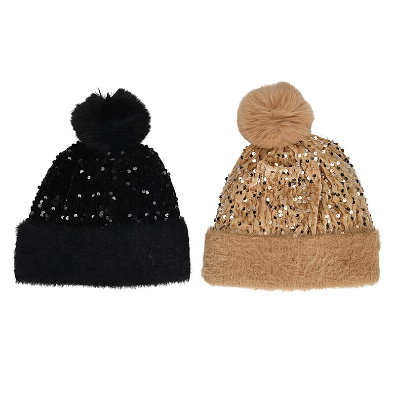 Set of 2 Black and Gold Sequin Knit Beanies - One Size Fits Most