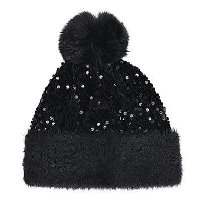 Set of 2 Black and Gold Sequin Knit Beanies - One Size Fits Most