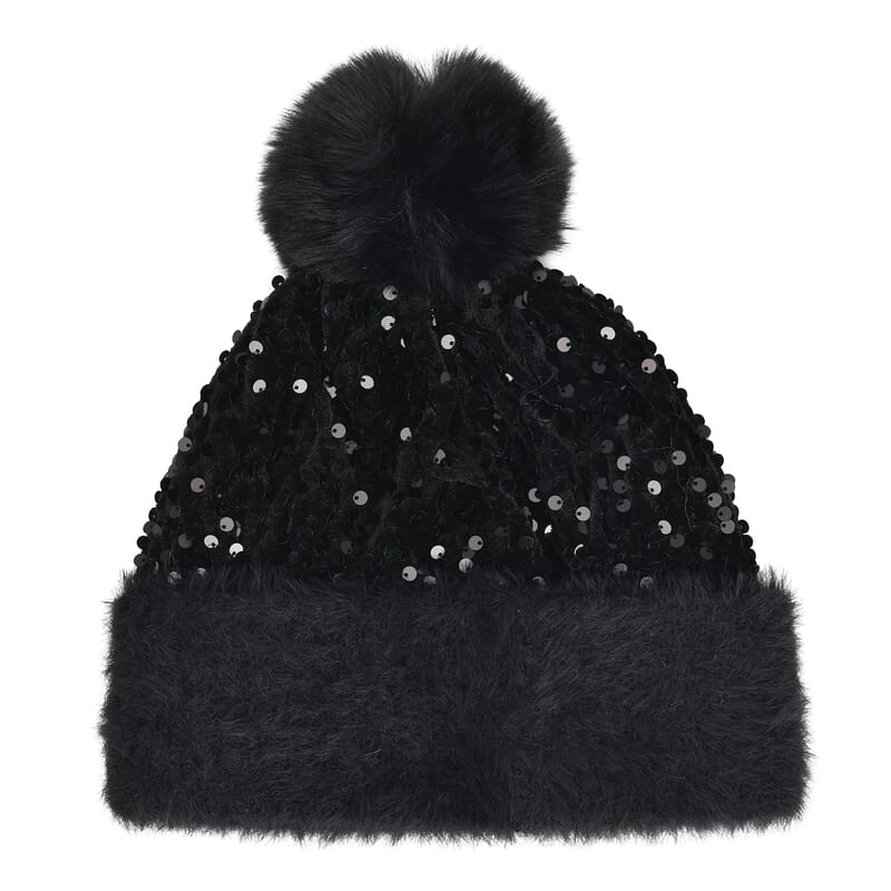 Set of 2 Black and Gold Sequin Knit Beanies - One Size Fits Most