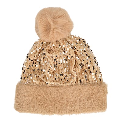 Set of 2 Black and Gold Sequin Knit Beanies - One Size Fits Most