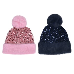 Set of 2 Pink and Navy Sequin Knit Beanies - One Size Fits Most