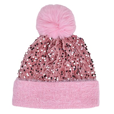 Set of 2 Pink and Navy Sequin Knit Beanies - One Size Fits Most