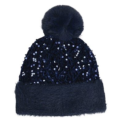 Set of 2 Pink and Navy Sequin Knit Beanies - One Size Fits Most