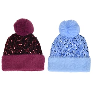 Set of 2 Wine and Blue Sequin Knit Beanies - One Size Fits Most