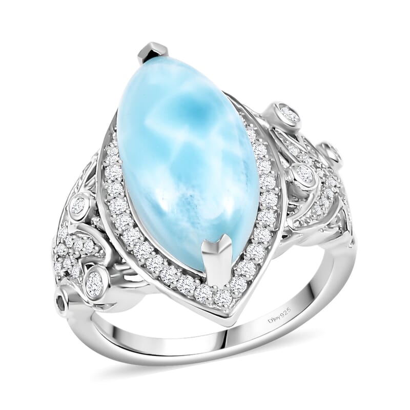Larimar and White Zircon 8.00 ctw Starfish Ring in Rhodium Over Sterling Silver (Size 10.0)