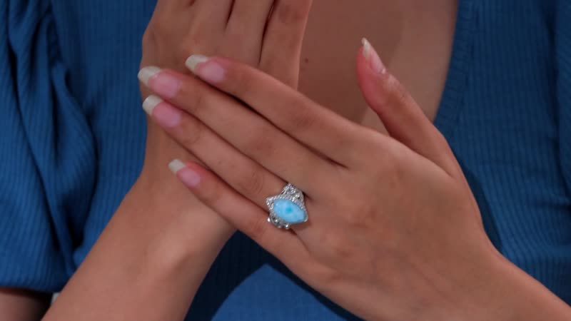 Larimar, White Zircon Ring in Rhodium Over Sterling Silver (Size 7.0) 8.00 ctw