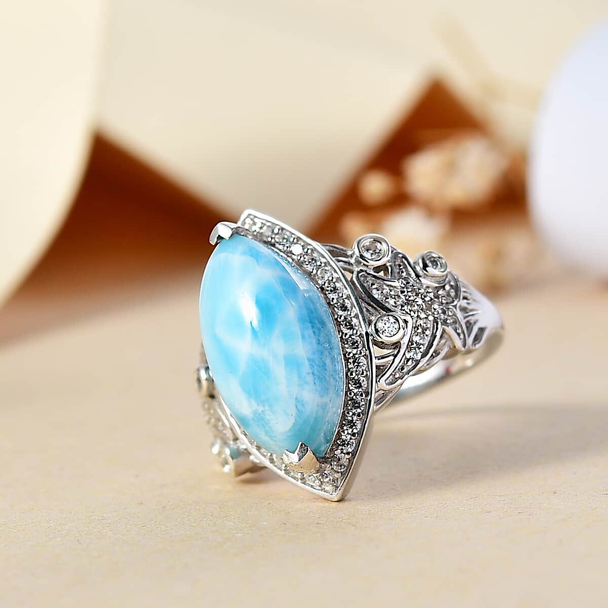 Larimar, White Zircon Ring in Rhodium Over Sterling Silver (Size 7.0) 8.00 ctw image number 1