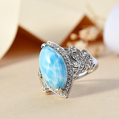 Larimar and White Zircon 8.00 ctw Starfish Ring in Rhodium Over Sterling Silver (Size 10.0)