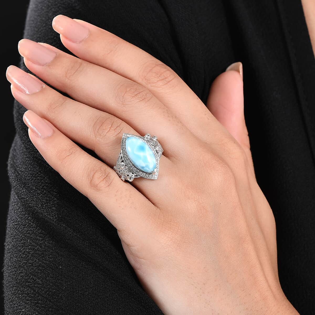 Larimar, White Zircon Ring in Rhodium Over Sterling Silver (Size 7.0) 8.00 ctw image number 2