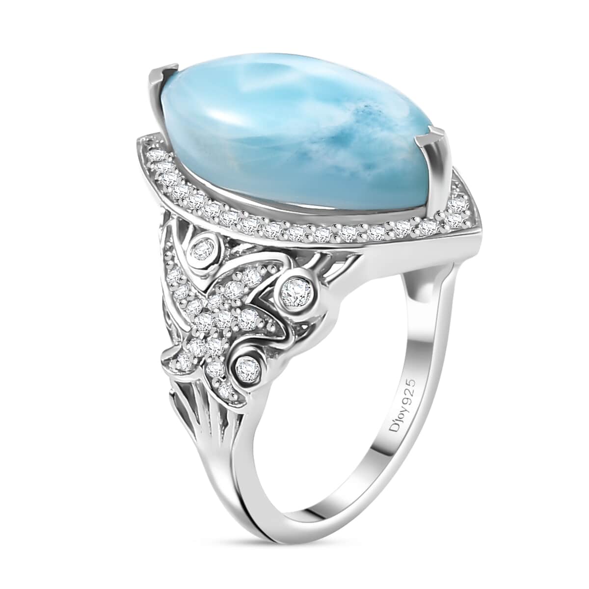 Larimar, White Zircon Ring in Rhodium Over Sterling Silver (Size 7.0) 8.00 ctw image number 3