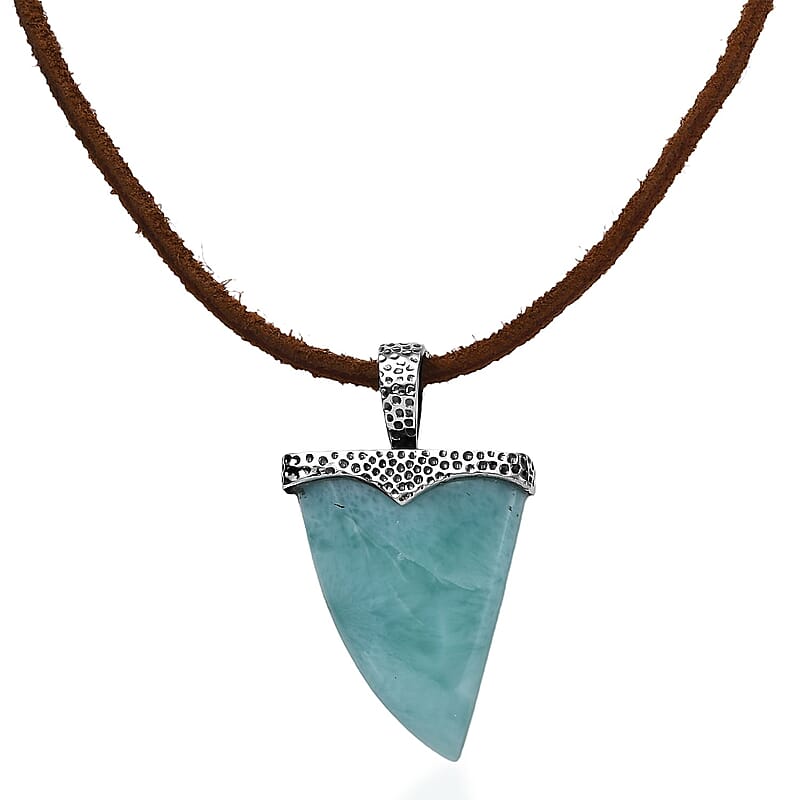 D'Joy Artisan Crafted Larimar 26.35 ctw Shark Tooth Necklace in Black Oxidized Sterling Silver 20 Inches
