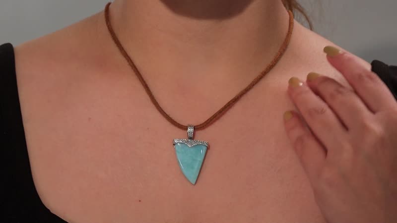 D'Joy Artisan Crafted Larimar 26.35 ctw Shark Tooth Necklace in Black Oxidized Sterling Silver 20 Inches