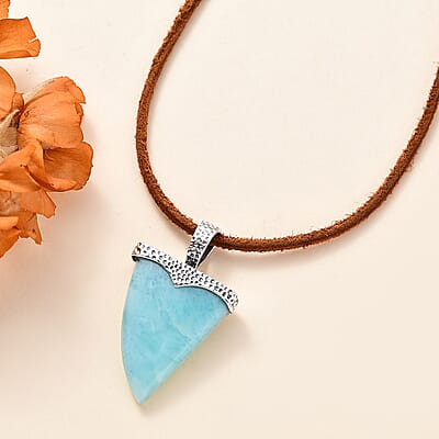D'Joy Artisan Crafted Larimar 26.35 ctw Shark Tooth Necklace in Black Oxidized Sterling Silver 20 Inches