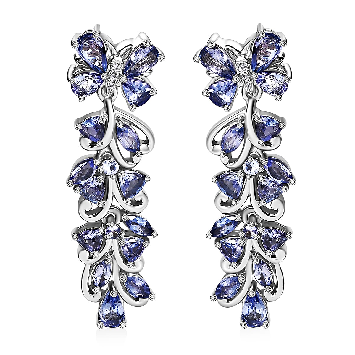 Tanzanite and White Zircon 3.85 ctw Butterfly and Blooming Flower Earrings in Rhodium Over Sterling Silver image number 0