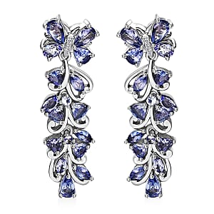 Tanzanite and White Zircon 3.85 ctw Butterfly and Blooming Flower Earrings in Rhodium Over Sterling Silver