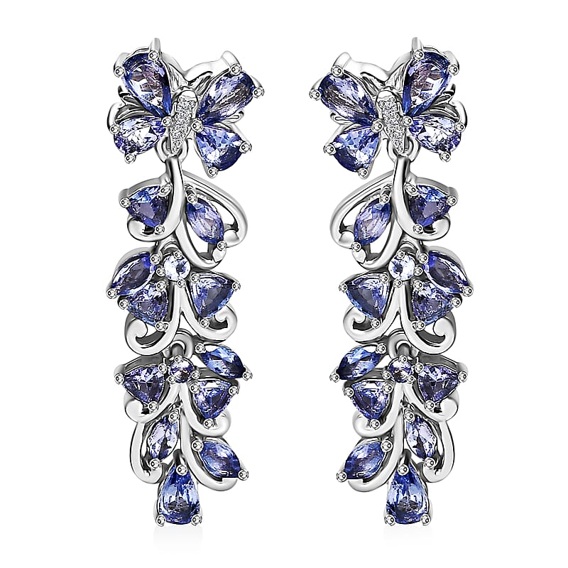 Tanzanite and White Zircon 3.85 ctw Butterfly and Blooming Flower Earrings in Rhodium Over Sterling Silver