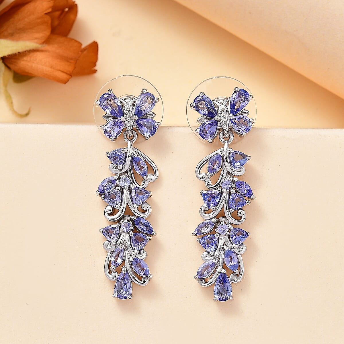 Tanzanite and White Zircon 3.85 ctw Butterfly and Blooming Flower Earrings in Rhodium Over Sterling Silver image number 1