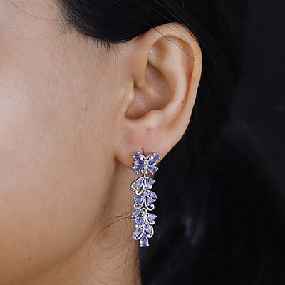 Tanzanite and White Zircon 3.85 ctw Butterfly and Blooming Flower Earrings in Rhodium Over Sterling Silver