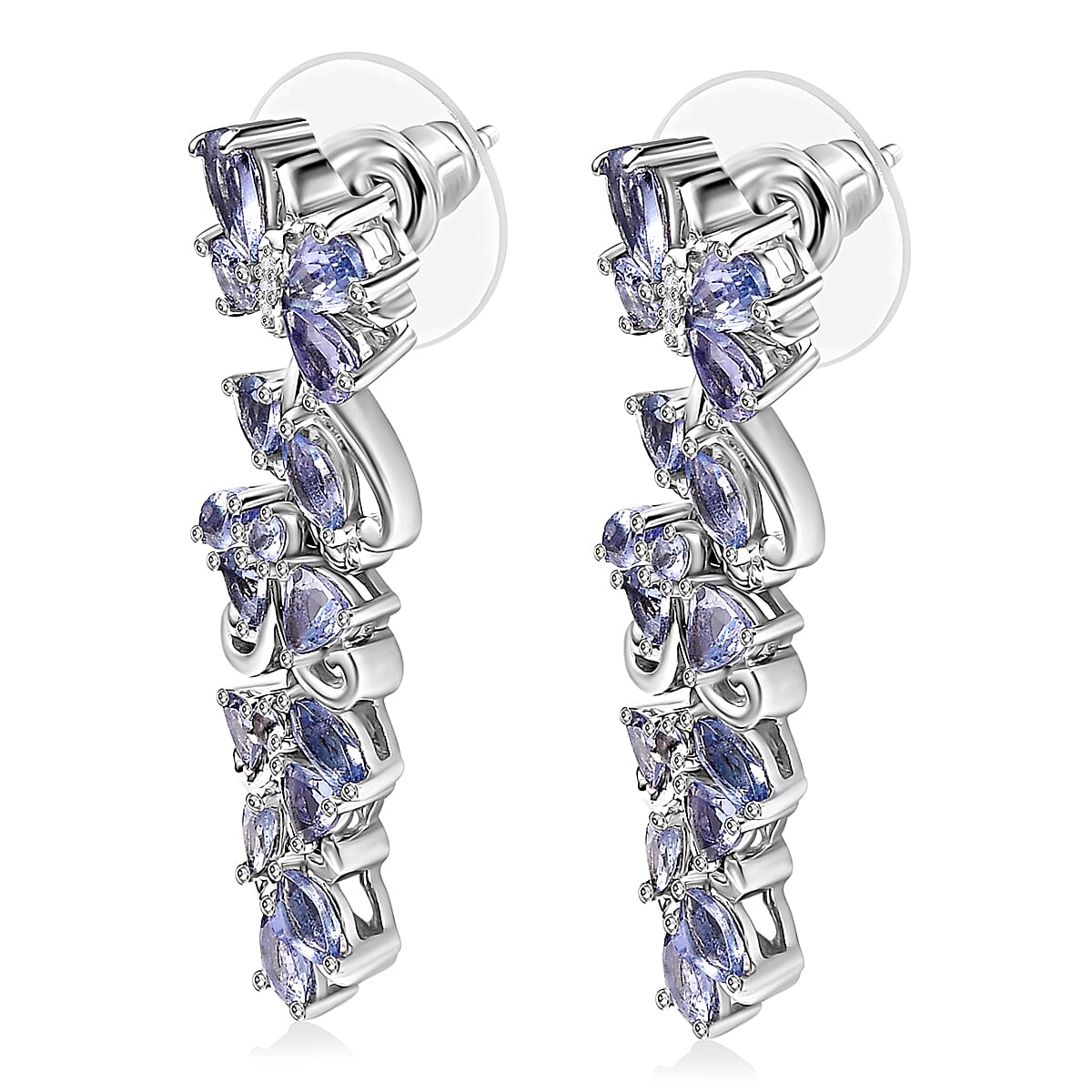 Tanzanite and White Zircon 3.85 ctw Butterfly and Blooming Flower Earrings in Rhodium Over Sterling Silver image number 3