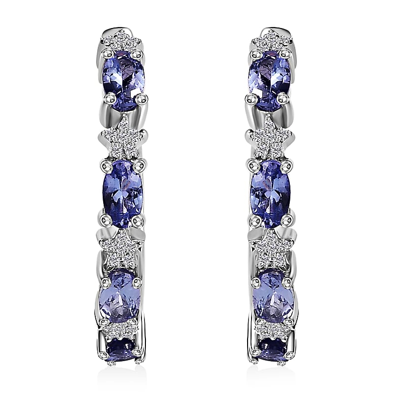 D'Joy Tanzanite and White Zircon 2.00 ctw Celestial Earrings in Rhodium Over Sterling Silver