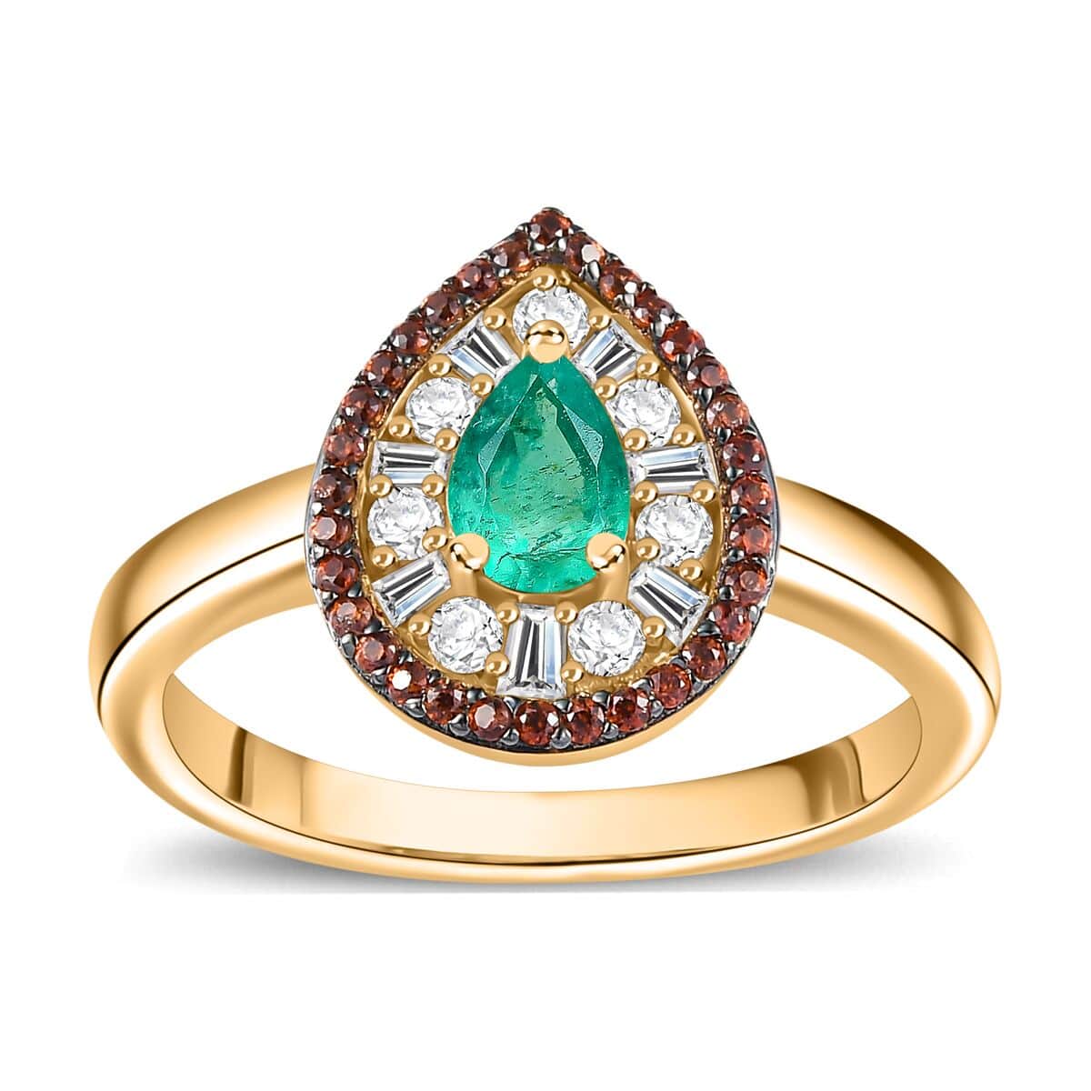 Boyaca Colombian Emerald, Brown and White Zircon 1.10 ctw Glamour Ring in 18K Vermeil Yellow Gold Over Sterling Silver image number 0