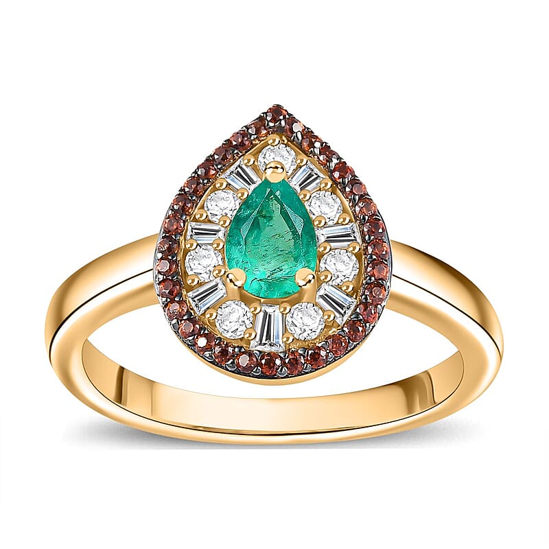 Boyaca Colombian Emerald, Brown and White Zircon 1.10 ctw Glamour Ring in 18K Vermeil Yellow Gold Over Sterling Silver (Size 6.0)