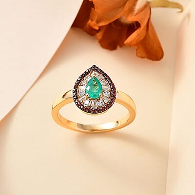 Boyaca Colombian Emerald, Brown and White Zircon 1.10 ctw Glamour Ring in 18K Vermeil Yellow Gold Over Sterling Silver (Size 6.0)