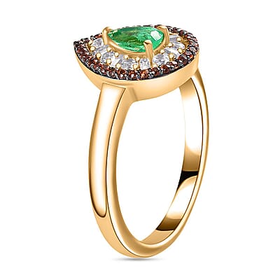 Boyaca Colombian Emerald, Brown and White Zircon 1.10 ctw Glamour Ring in 18K Vermeil Yellow Gold Over Sterling Silver (Size 6.0)