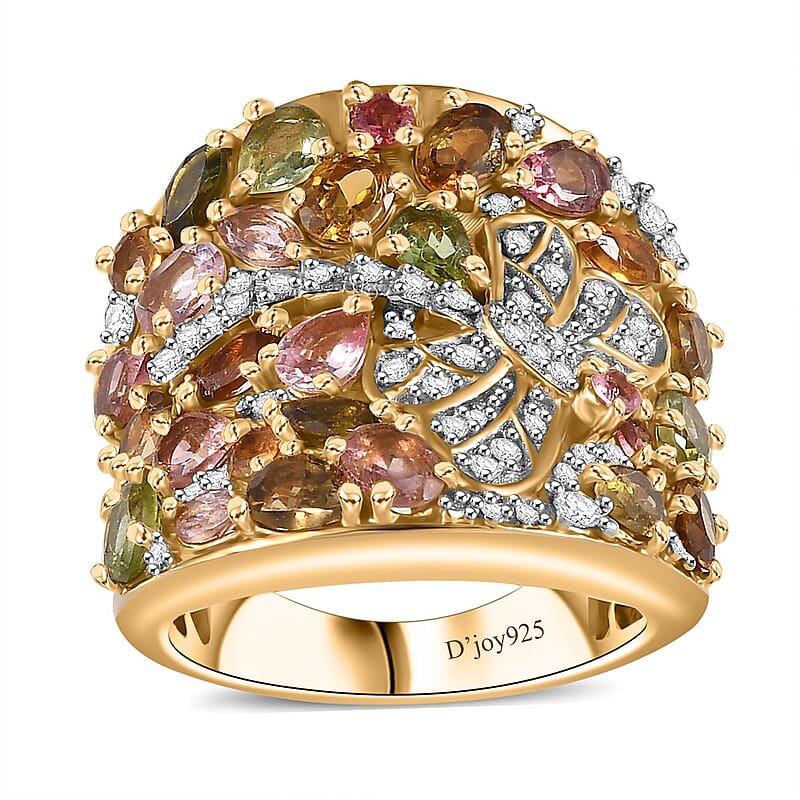 Multi-Tourmaline and Moissanite 3.90 ctw Dragonfly Ring in 18K Vermeil Yellow Gold Over Sterling Silver (Size 10.0)