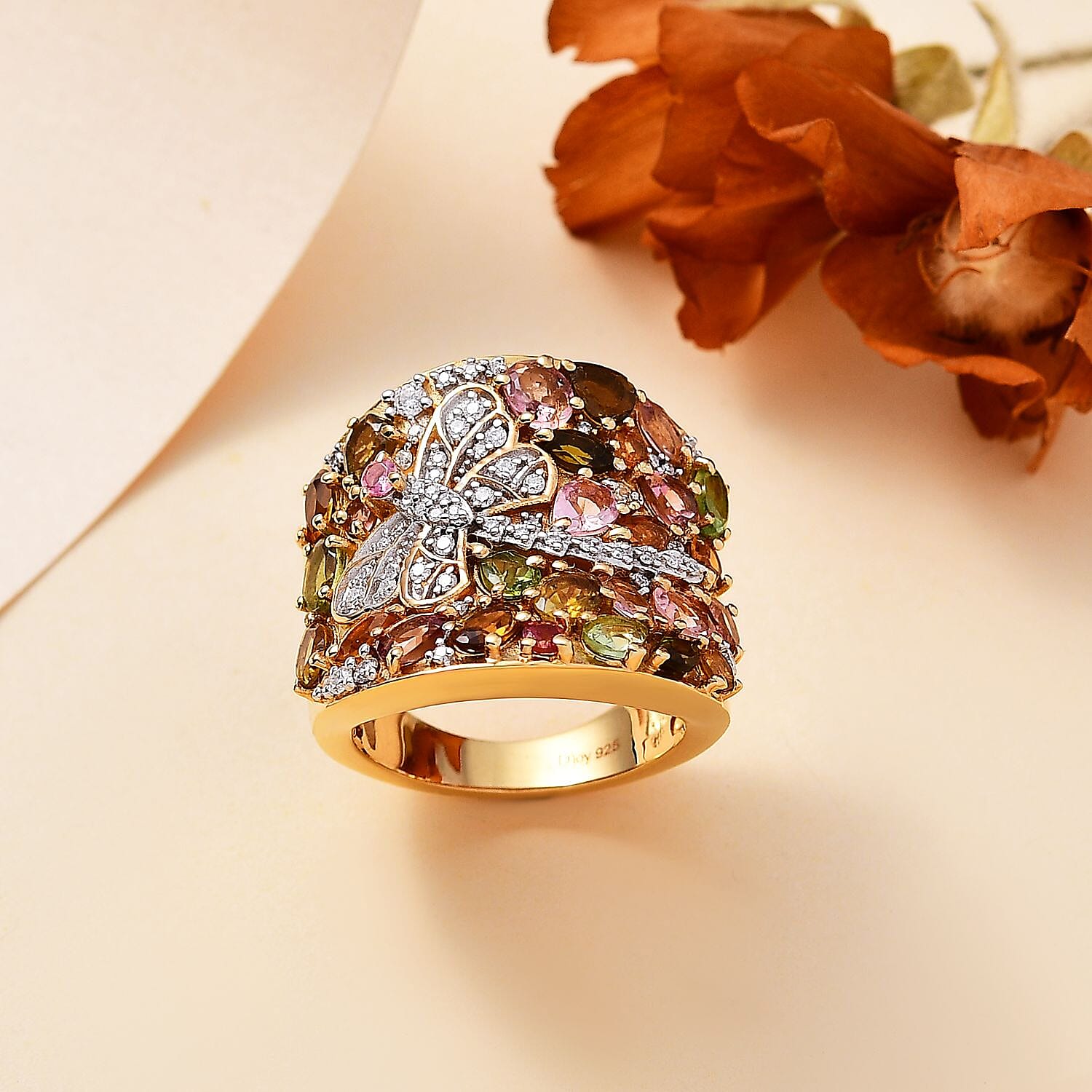 Multi-Tourmaline and Moissanite 3.90 ctw Dragonfly Ring in 18K Vermeil Yellow Gold Over Sterling Silver (Size 10.0)